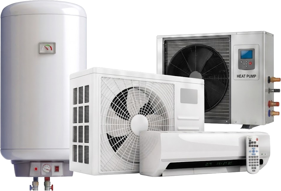 Photos of Gas boiler, air conditioning unit, air source heat pump and solar PV system